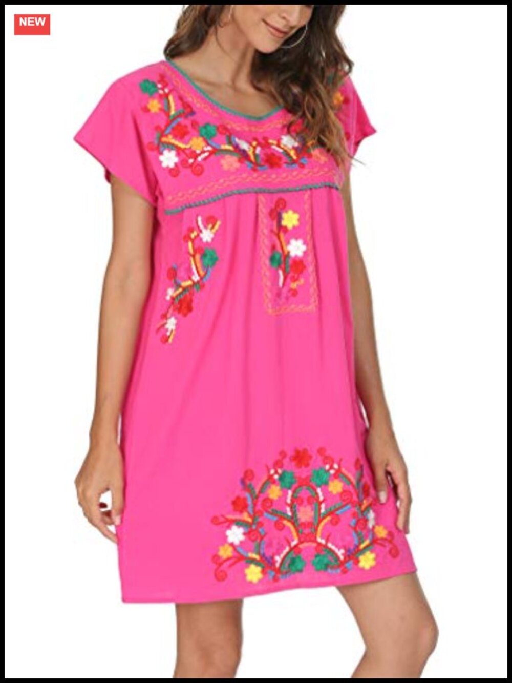 Women's Floral Embroidered A-Line Dress Short Sleeve Cotton